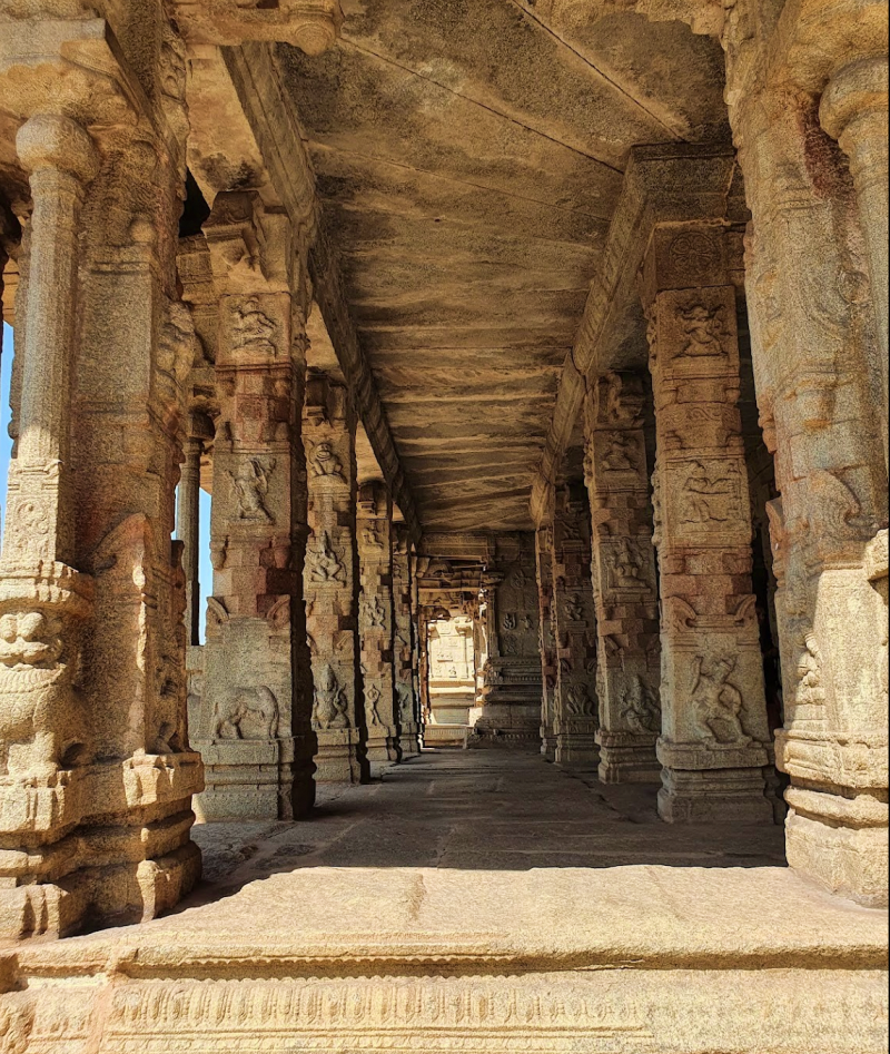 Hampi Krishna temple with elaborate stone carved pillars