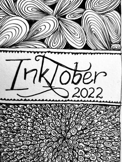 Doodles in black ink on white paper with a blank space in the center with the words Inktober 2022