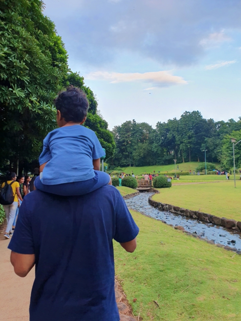 man with child on shoulders walking in the park