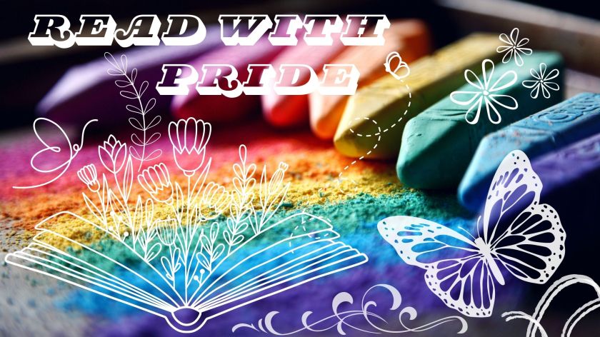rainbow colours with floral book motif saying read with pride